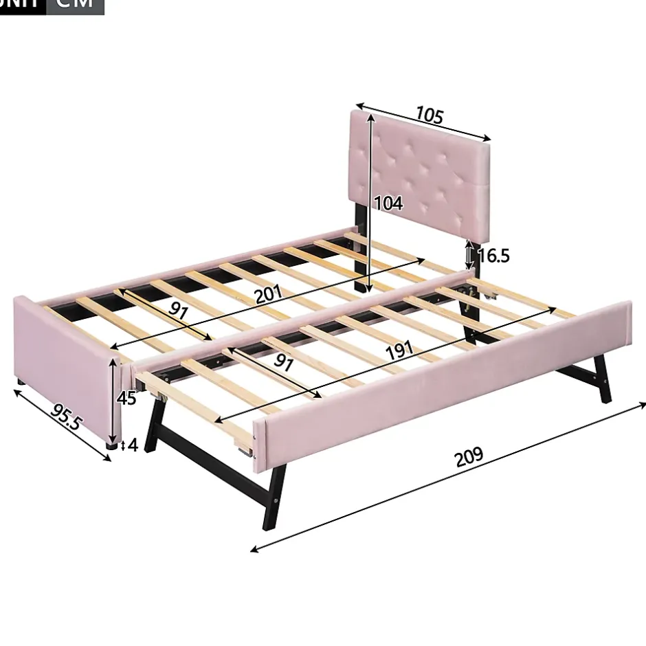 Okwish Lit Gigogne 90 x 200 cm - Lit Simple Rembourré avec Roulettes - Velours - Sans Matelas - Rose New