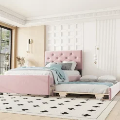 Okwish Lit Gigogne 90 x 200 cm - Lit Simple Rembourré avec Roulettes - Velours - Sans Matelas - Rose New