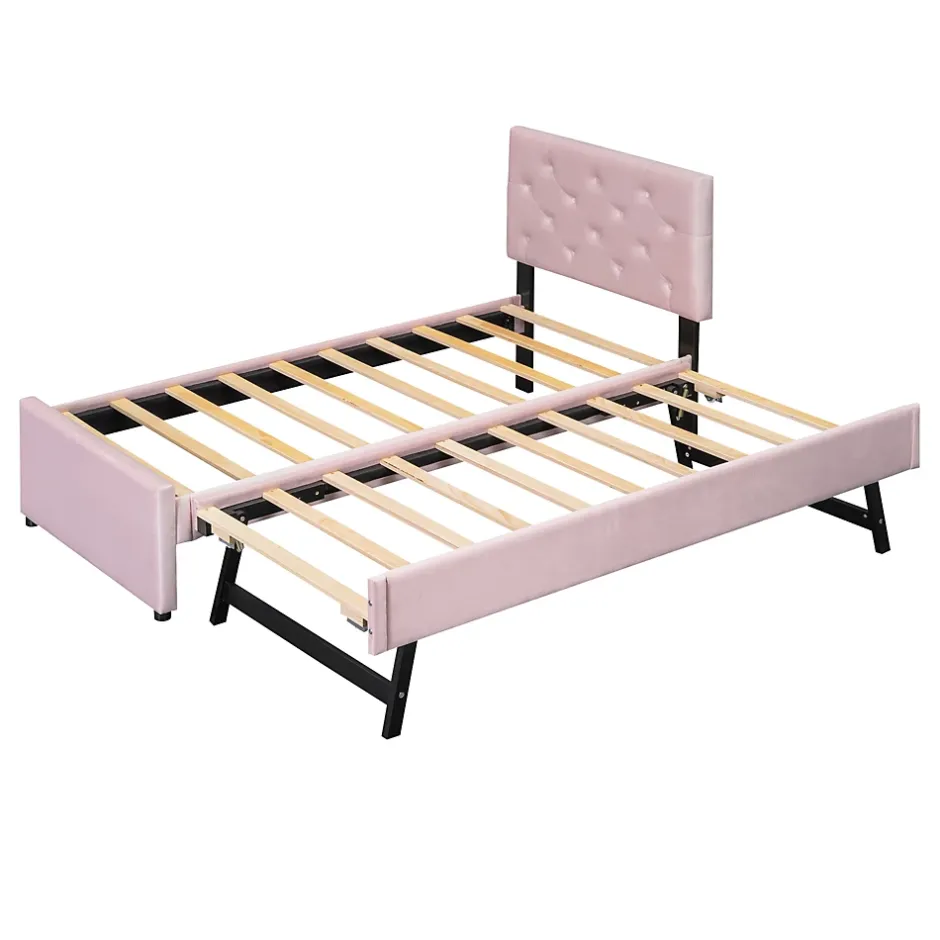 Okwish Lit Gigogne 90 x 200 cm - Lit Simple Rembourré avec Roulettes - Velours - Sans Matelas - Rose New