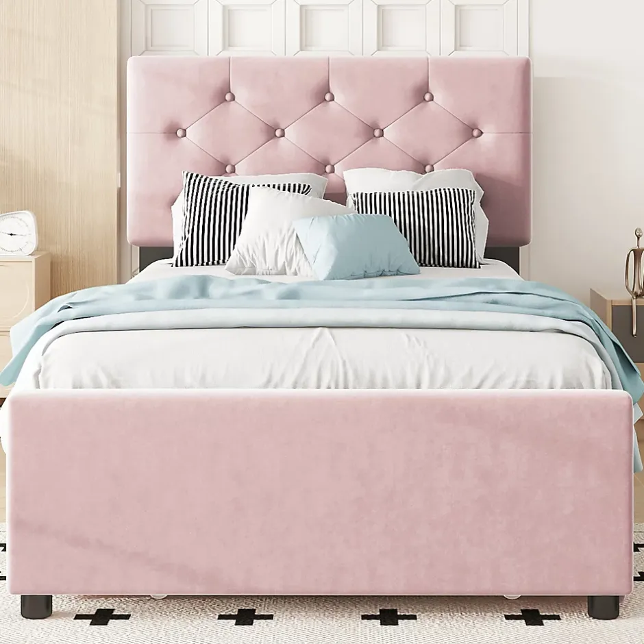 Okwish Lit Gigogne 90 x 200 cm - Lit Simple Rembourré avec Roulettes - Velours - Sans Matelas - Rose New