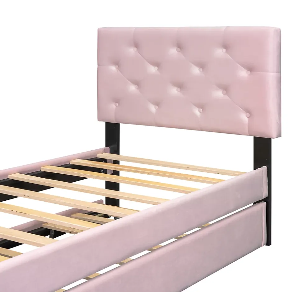 Okwish Lit Gigogne 90 x 200 cm - Lit Simple Rembourré avec Roulettes - Velours - Sans Matelas - Rose New