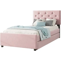 Okwish Lit Gigogne 90 x 200 cm - Lit Simple Rembourré avec Roulettes - Velours - Sans Matelas - Rose New