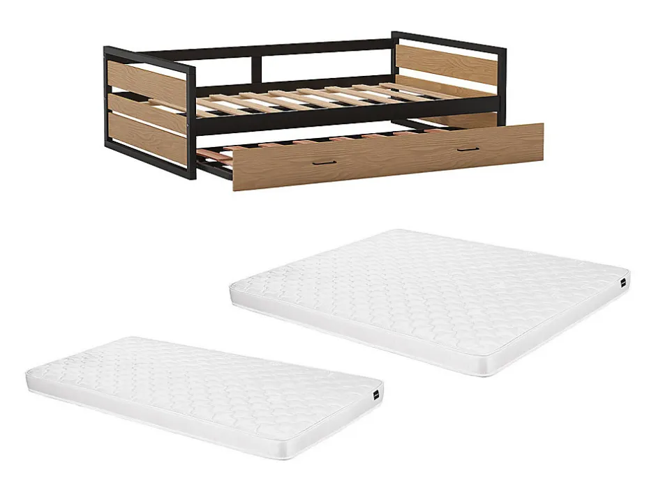 Enfant Vente-unique Lit gigogne 120 x 200 et 90 x 200 cm - MDF, Pin et métal - Naturel et anthracite + Matelas - BOSTON