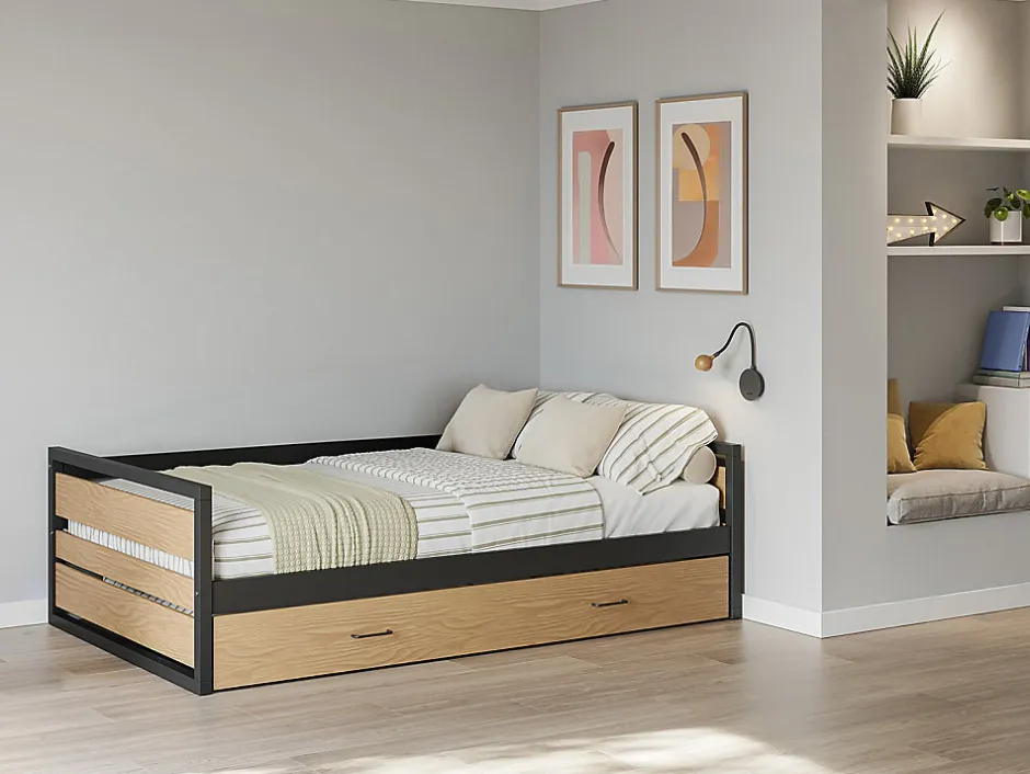 Enfant Vente-unique Lit gigogne 120 x 200 et 90 x 200 cm - MDF, Pin et métal - Naturel et anthracite + Matelas - BOSTON