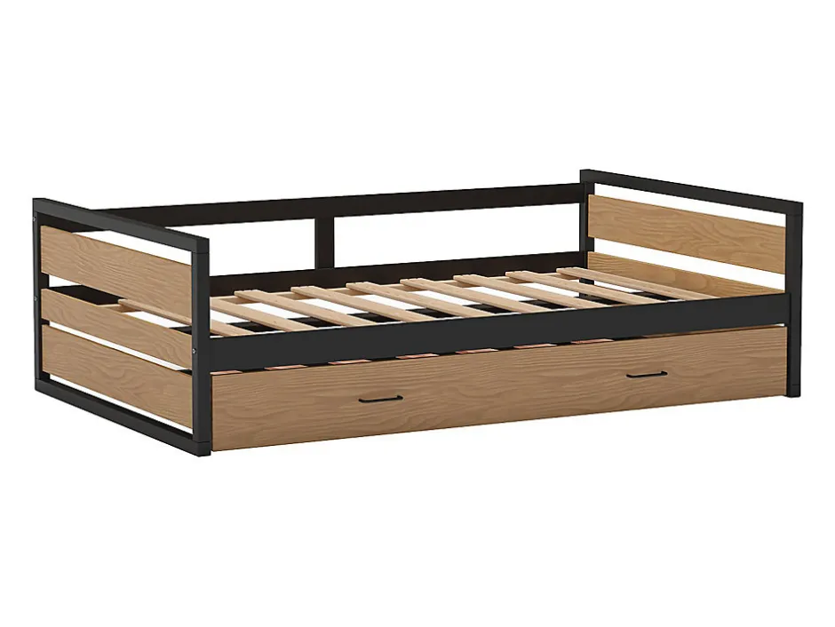 Enfant Vente-unique Lit gigogne 120 x 200 et 90 x 200 cm - MDF, Pin et métal - Naturel et anthracite + Matelas - BOSTON