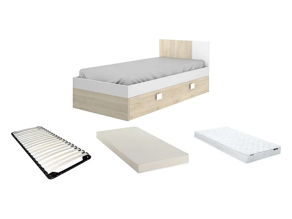 Vente-unique Lit gigogne 2 x 90 x 190 cm - Coloris : Naturel et blanc + matelas + sommier - SONIA