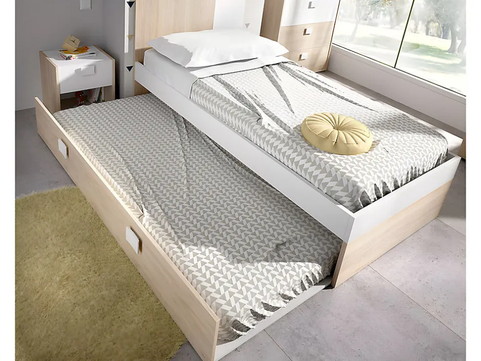 Vente-unique Lit gigogne 2 x 90 x 190 cm - Coloris : Naturel et blanc + matelas + sommier - SONIA