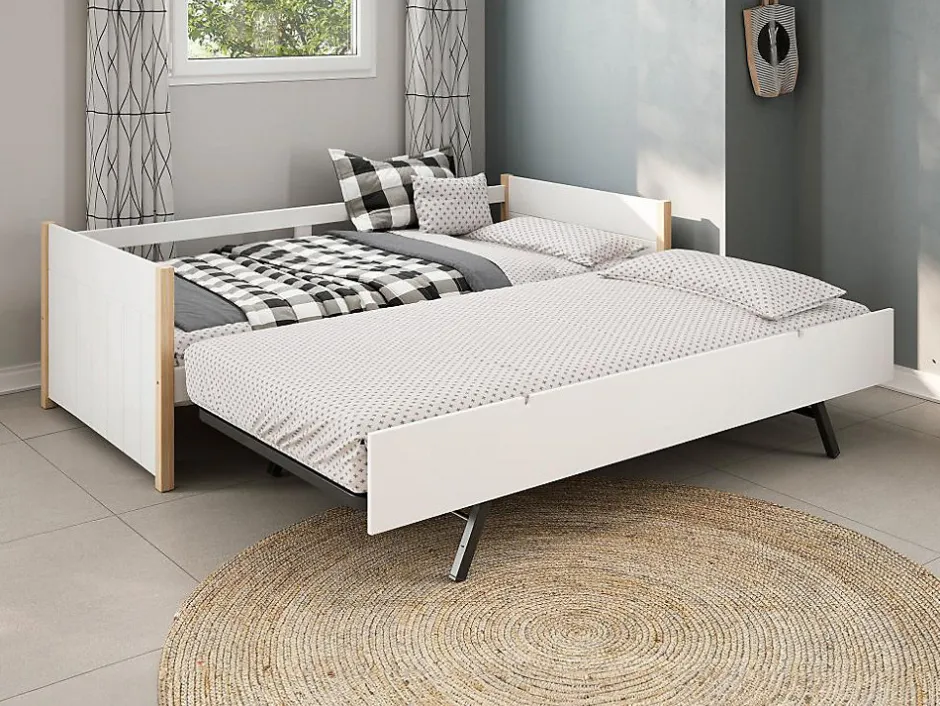 Vente-unique Lit gigogne 2 x 90 x 190 cm - MDF, pin et métal - Blanc et naturel - MAREKI