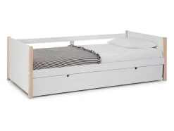Vente-unique Lit gigogne 2 x 90 x 190 cm - MDF, pin et métal - Blanc et naturel - MAREKI