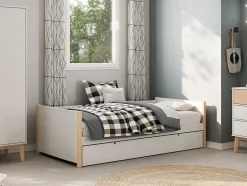 Vente-unique Lit gigogne 2 x 90 x 190 cm - MDF, pin et métal - Blanc et naturel - MAREKI
