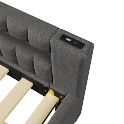 Okwish Lit Gigogne Ado 140x200 cm - avec Sommier Coulissant, Bande LED et Ports USB Type-C, Matériaux Lin et MDF, sans Matelas, Gris Hot