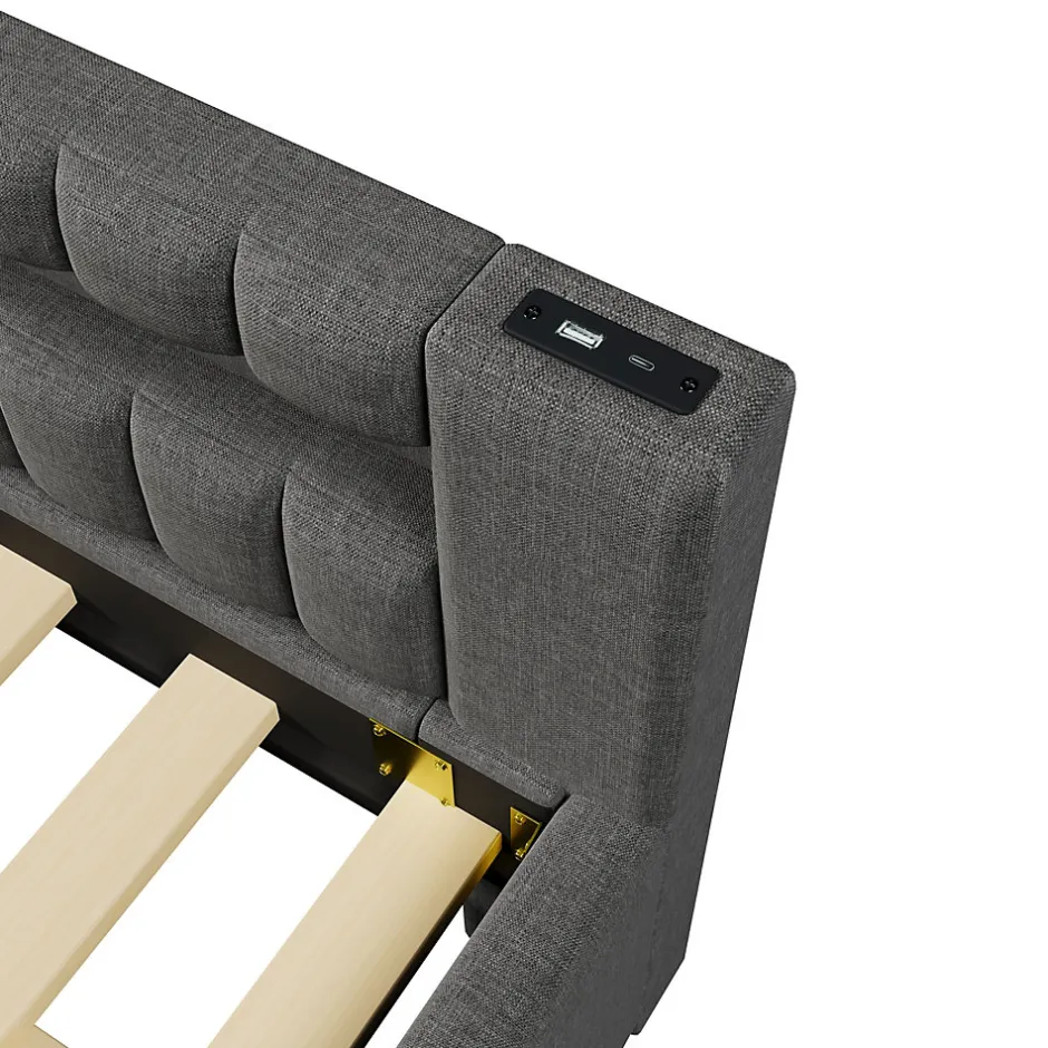 Okwish Lit Gigogne Ado 140x200 cm - avec Sommier Coulissant, Bande LED et Ports USB Type-C, Matériaux Lin et MDF, sans Matelas, Gris Hot