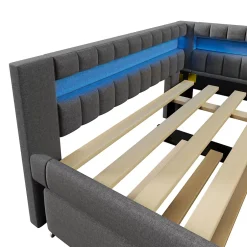 Okwish Lit Gigogne Ado 140x200 cm - avec Sommier Coulissant, Bande LED et Ports USB Type-C, Matériaux Lin et MDF, sans Matelas, Gris Hot