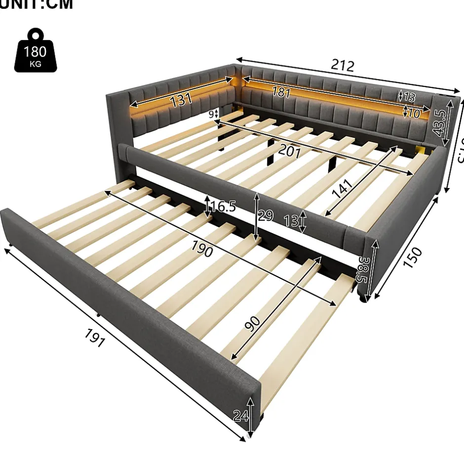 Okwish Lit Gigogne Ado 140x200 cm - avec Sommier Coulissant, Bande LED et Ports USB Type-C, Matériaux Lin et MDF, sans Matelas, Gris Hot
