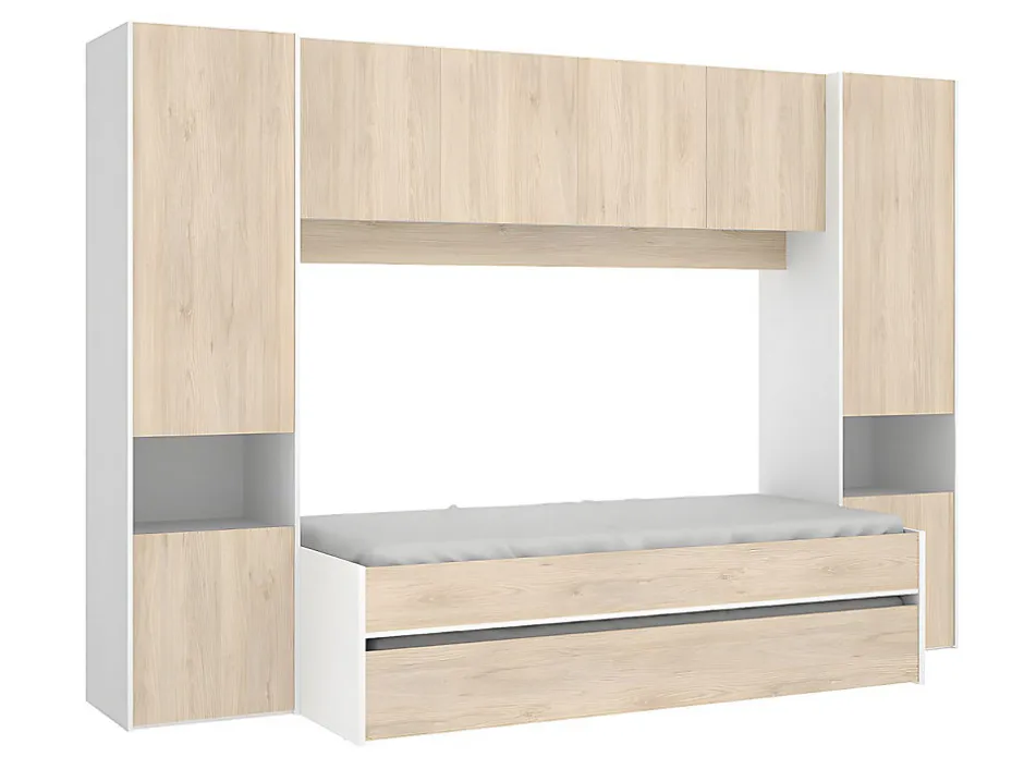 Vente-unique Lit gigogne avec pont de lit SELENA - 90 x 190 cm - Coloris : chêne et blanc + Matelas