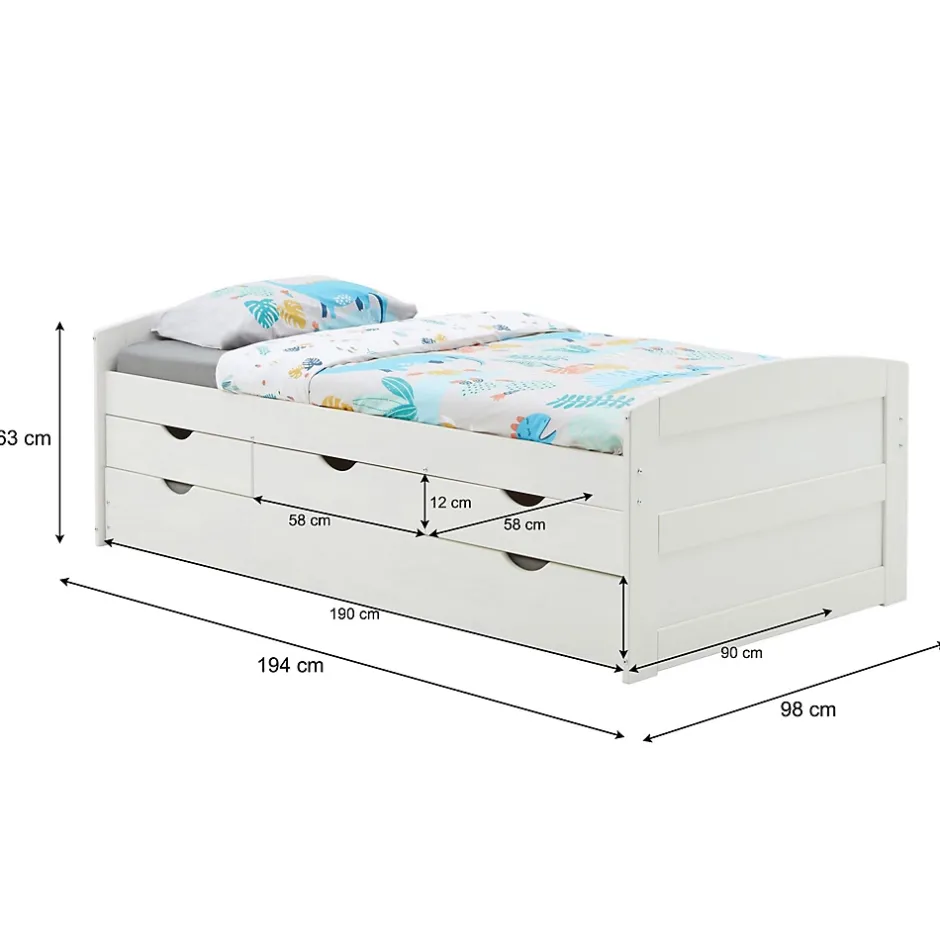 Idimex Lit gigogne avec rangements JESSY, 90 x 190 cm en pin massif lasuré blanc Online