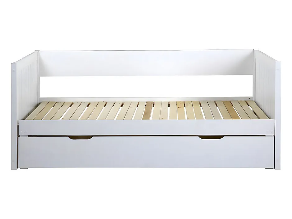 Vente-unique Lit gigogne banquette 90 x 190 ou 174 x 190 cm - Avec sommier peigne et tiroir - Pin et MDF - Blanc - ALFIERO II