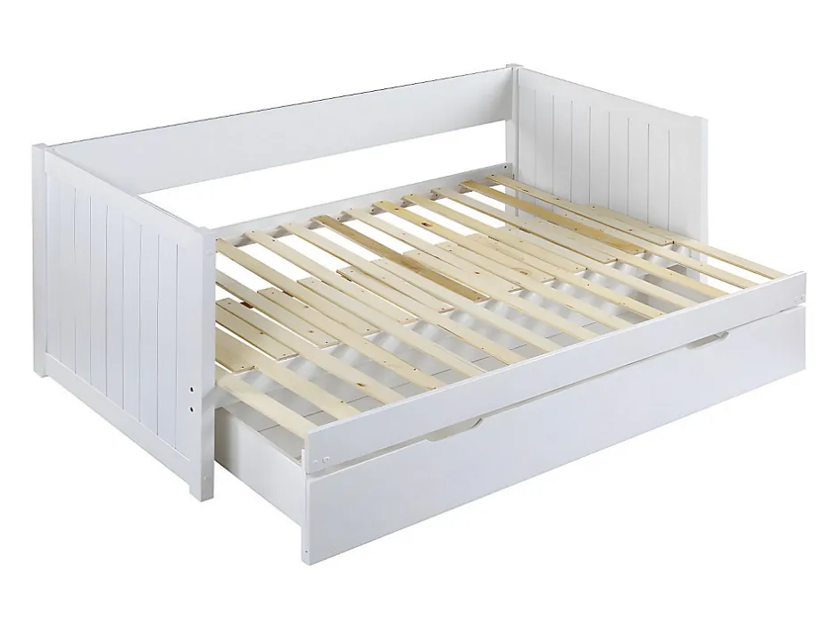 Vente-unique Lit gigogne banquette 90 x 190 ou 174 x 190 cm - Avec sommier peigne et tiroir - Pin et MDF - Blanc - ALFIERO II