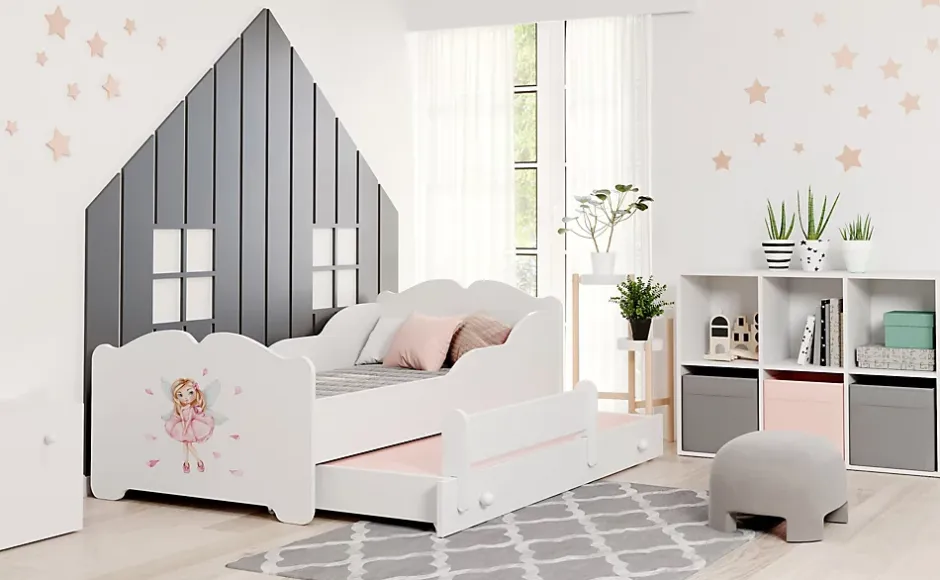 Htmeubles Lit gigogne blanc ARMONA - Fée rose - 2 x 160 cm x 80 cm