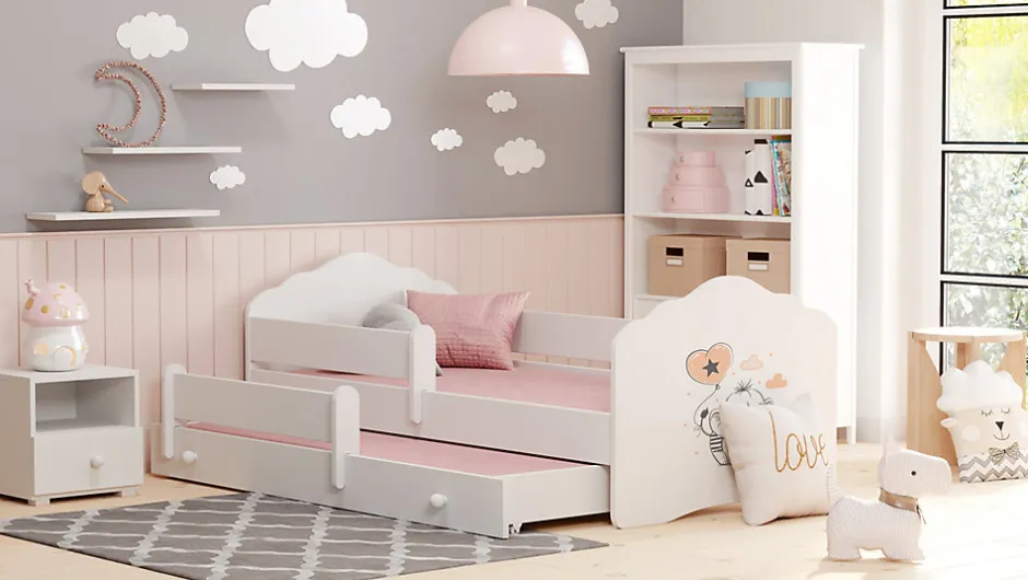 Htmeubles Lit gigogne blanc FIONA avec sommier et matelas - Elephant orange - 2 x 160 cm x 80 cm