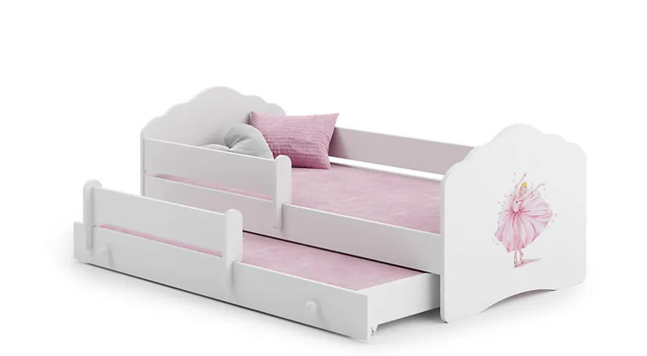 Htmeubles Lit gigogne blanc FIONA avec sommier et matelas - Princesse rose - 2 x 160 cm x 80 cm
