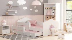 Htmeubles Lit gigogne blanc FIONA avec sommier et matelas - Princesse rose - 2 x 160 cm x 80 cm