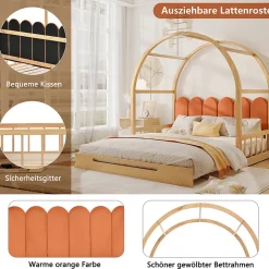 Okwish Lit gigogne cabane enfant 140x200 cm avec toit arqué et coussins en velours - pin massif naturel et orange