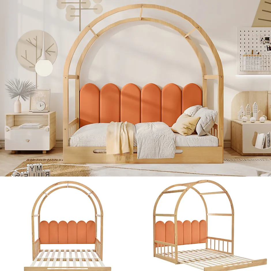 Okwish Lit gigogne cabane enfant 140x200 cm avec toit arqué et coussins en velours - pin massif naturel et orange