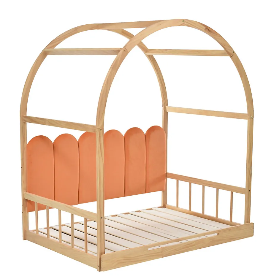 Okwish Lit gigogne cabane enfant 140x200 cm avec toit arqué et coussins en velours - pin massif naturel et orange