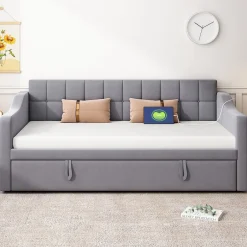 Okwish Lit Gigogne Capitonné 2-en-1 90/180x190 cm avec Rangement et Prise USB, Lit Convertible en Velours, Gris Discount