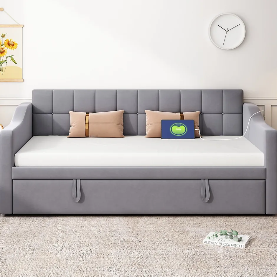 Okwish Lit Gigogne Capitonné 2-en-1 90/180x190 cm avec Rangement et Prise USB, Lit Convertible en Velours, Gris Discount