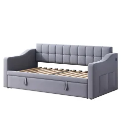 Okwish Lit Gigogne Capitonné 2-en-1 90/180x190 cm avec Rangement et Prise USB, Lit Convertible en Velours, Gris Discount