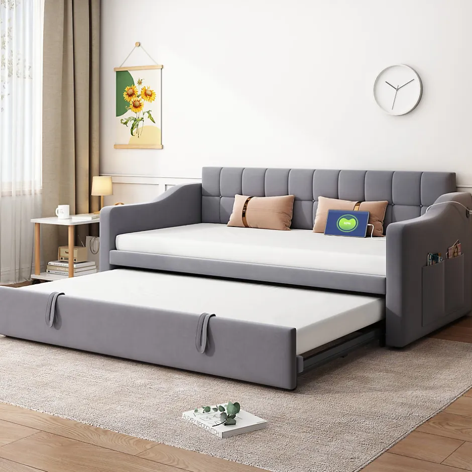 Okwish Lit Gigogne Capitonné 2-en-1 90/180x190 cm avec Rangement et Prise USB, Lit Convertible en Velours, Gris Discount