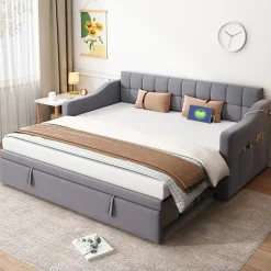 Okwish Lit Gigogne Capitonné 2-en-1 90/180x190 cm avec Rangement et Prise USB, Lit Convertible en Velours, Gris Discount