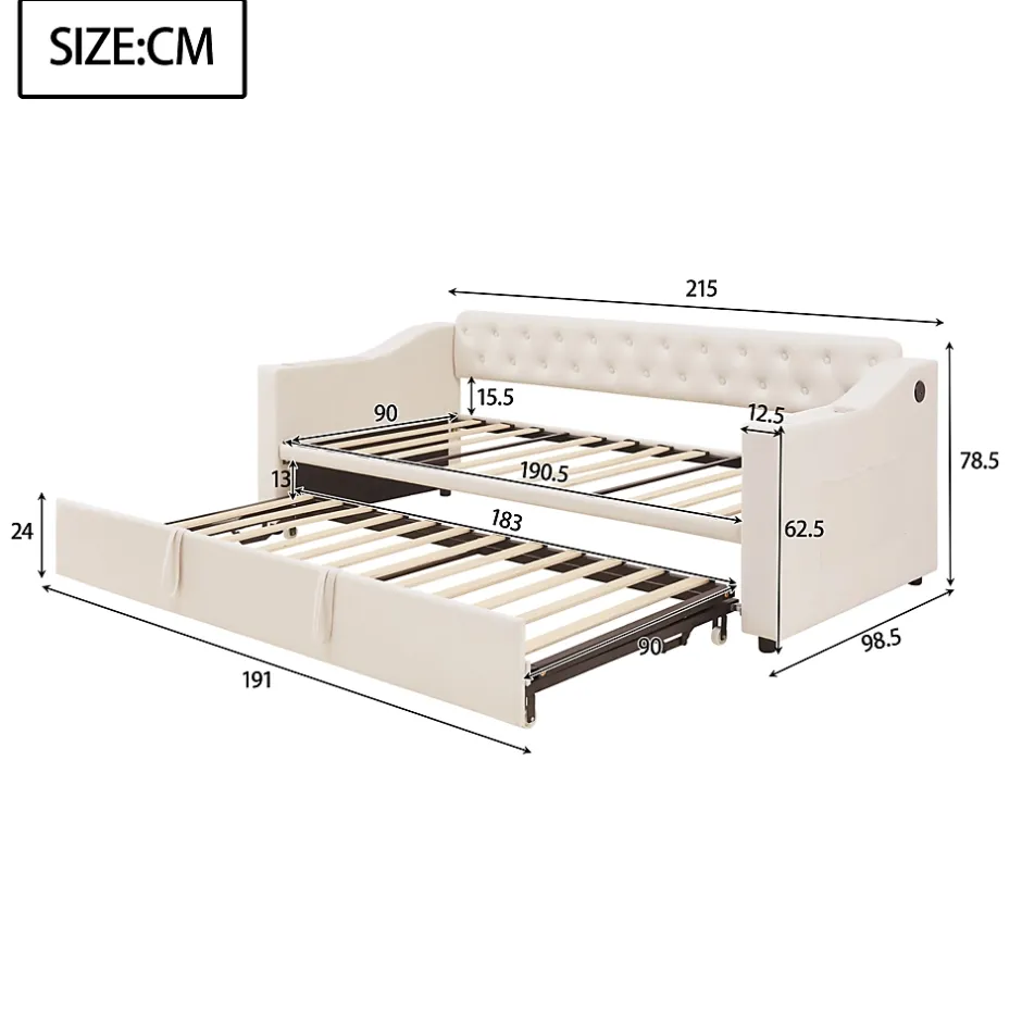 Okwish Lit Gigogne Capitonné 90x190 cm en Velours avec Rangement et Prise USB, Lit Multifonction Convertible 90/180 cm, Beige Hot