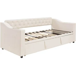 Okwish Lit Gigogne Capitonné 90x190 cm en Velours avec Rangement et Prise USB, Lit Multifonction Convertible 90/180 cm, Beige Hot
