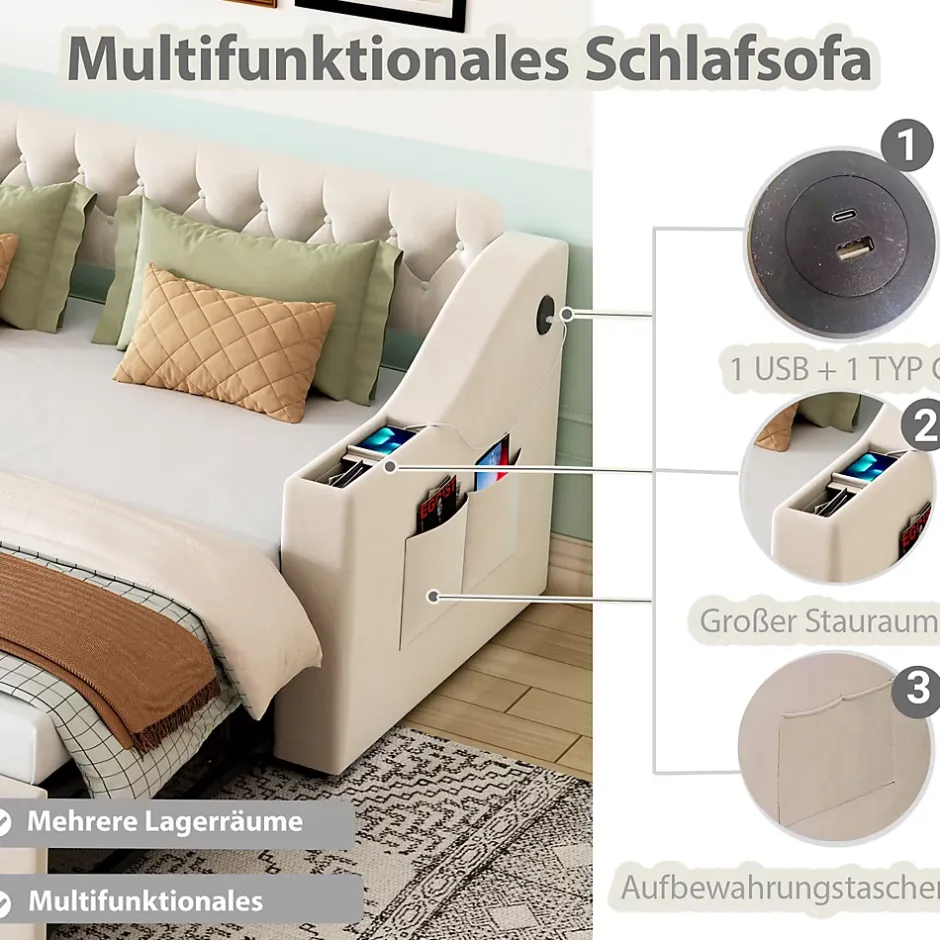 Okwish Lit Gigogne Capitonné 90x190 cm en Velours avec Rangement et Prise USB, Lit Multifonction Convertible 90/180 cm, Beige Hot
