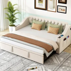 Okwish Lit Gigogne Capitonné 90x190 cm en Velours avec Rangement et Prise USB, Lit Multifonction Convertible 90/180 cm, Beige Hot
