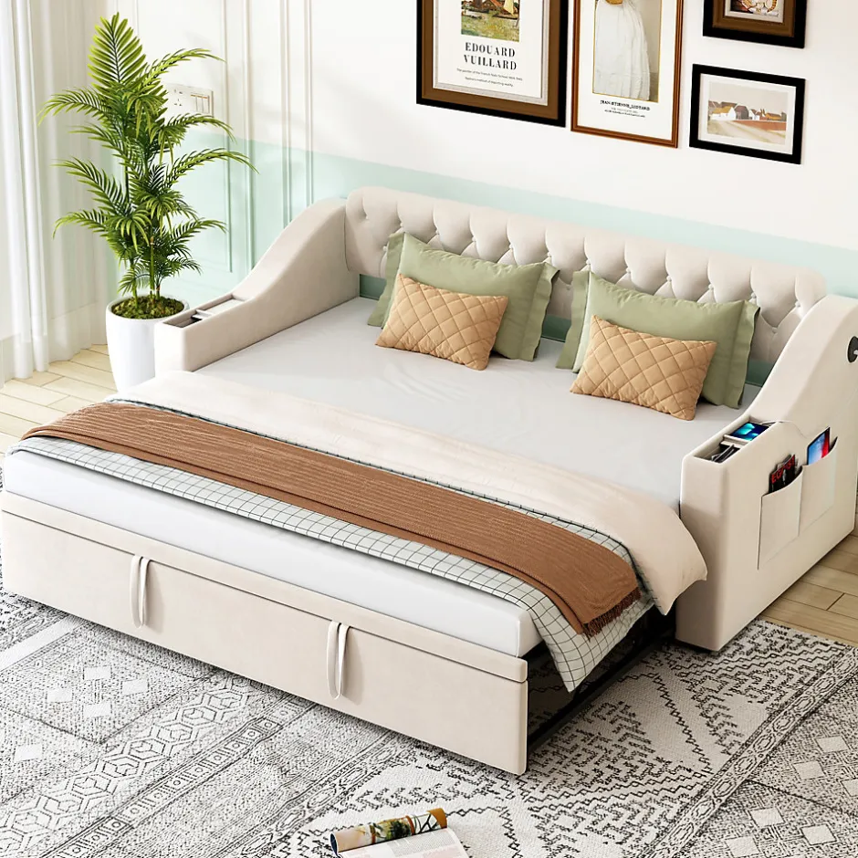 Okwish Lit Gigogne Capitonné 90x190 cm en Velours avec Rangement et Prise USB, Lit Multifonction Convertible 90/180 cm, Beige Hot