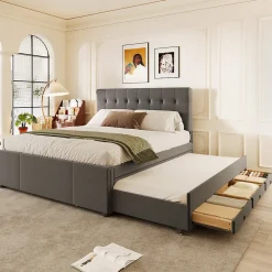 Okwish Lit Gigogne Double 140x200 cm - 3 Tiroirs de Rangement et Tête de Lit Réglable, Rembourré en Tissu Lin, sans Matelas, Gris