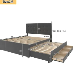 Okwish Lit Gigogne Double 140x200 cm - 3 Tiroirs de Rangement et Tête de Lit Réglable, Rembourré en Tissu Lin, sans Matelas, Gris
