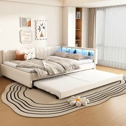 Okwish Lit Gigogne Double 140x200 cm - Ports USB Type-C et Éclairage LED d'Ambiance, Compartiment de Rangement, Lin, sans Matelas - Beige Outlet