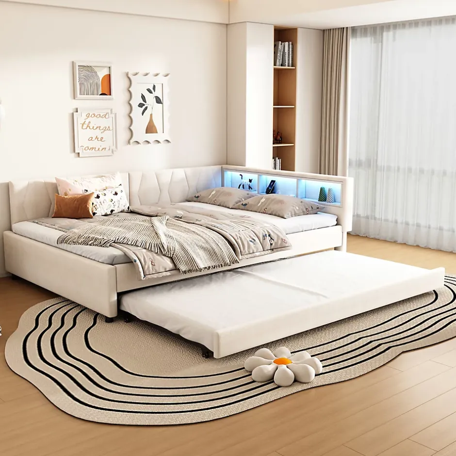 Okwish Lit Gigogne Double 140x200 cm - Ports USB Type-C et Éclairage LED d'Ambiance, Compartiment de Rangement, Lin, sans Matelas - Beige Outlet