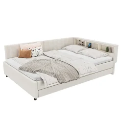 Okwish Lit Gigogne Double 140x200 cm - Ports USB Type-C et Éclairage LED d'Ambiance, Compartiment de Rangement, Lin, sans Matelas - Beige Outlet