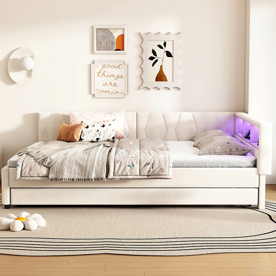 Okwish Lit Gigogne Double 140x200 cm - Ports USB Type-C et Éclairage LED d'Ambiance, Compartiment de Rangement, Lin, sans Matelas - Beige Outlet