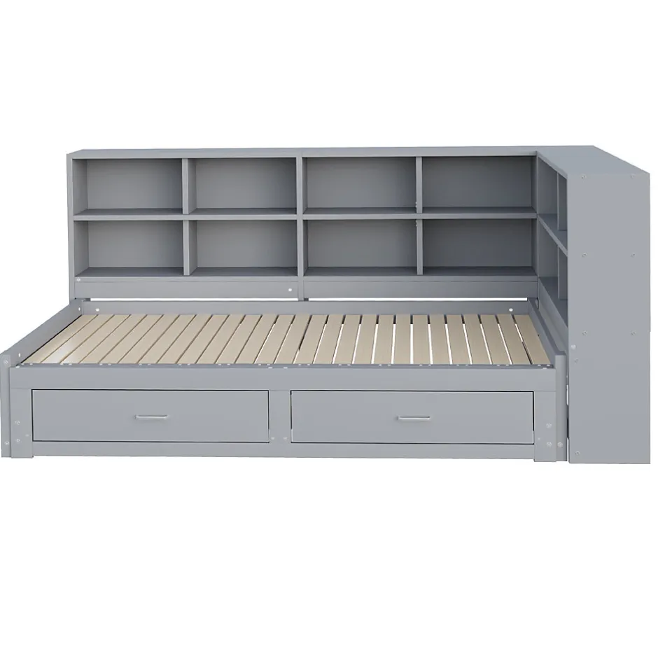 Okwish Lit Gigogne en Bois 90/180x190 cm - Lit Enfant avec Rangement, Tiroirs et Prise Électrique, Sommier à Lattes, Gris