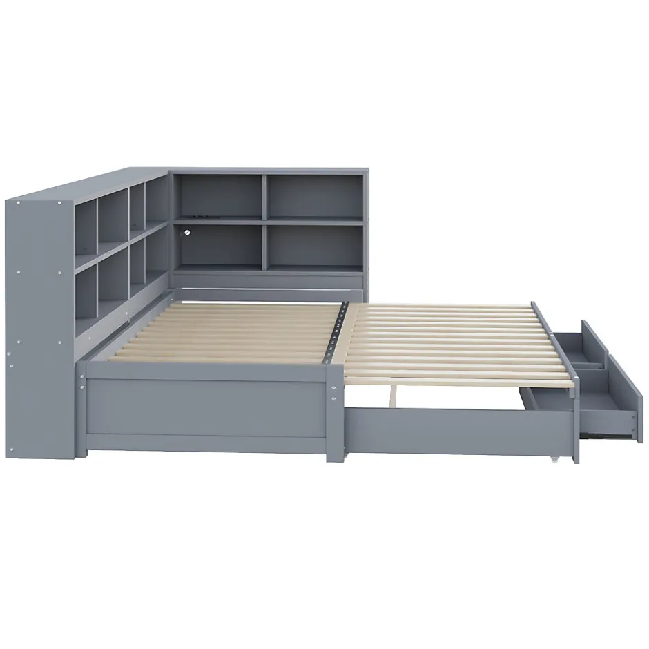 Okwish Lit Gigogne en Bois 90/180x190 cm - Lit Enfant avec Rangement, Tiroirs et Prise Électrique, Sommier à Lattes, Gris