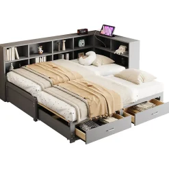 Okwish Lit Gigogne en Bois 90/180x190 cm - Lit Enfant avec Rangement, Tiroirs et Prise Électrique, Sommier à Lattes, Gris