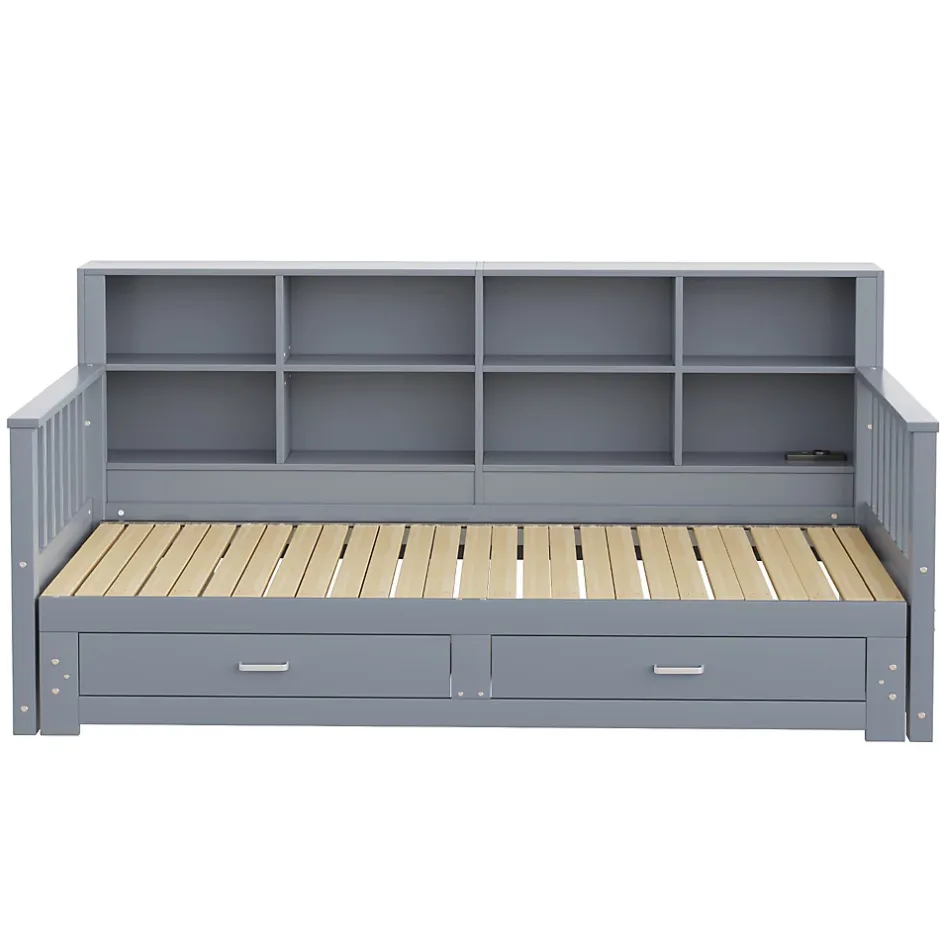 Okwish Lit Gigogne en Bois 90/180x190 cm Extensible avec Tiroirs et Prise USB, Lit Multifonction avec Rangement, Gris Online