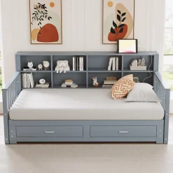 Okwish Lit Gigogne en Bois 90/180x190 cm Extensible avec Tiroirs et Prise USB, Lit Multifonction avec Rangement, Gris Online